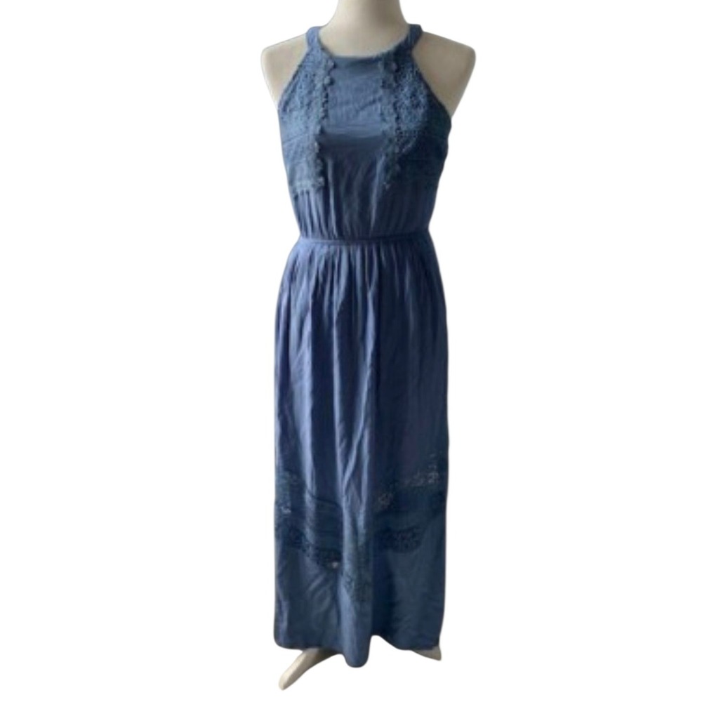 Altard State Maxi Dress Navy Blue Lace Trim Halter Neck Sleeveless Size S